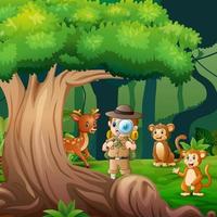 scène de fond avec un garçon explorateur et des animaux dans la jungle vecteur