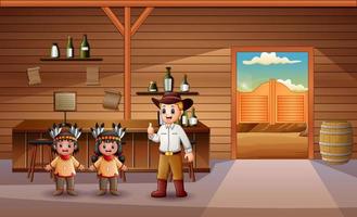 dessin animé de cow-boy et d'enfants amérindiens dans le bar vecteur