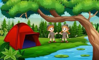 l'explorateur garçon et fille camping au bord de la rivière illustration vecteur