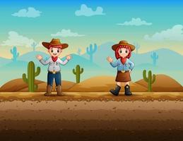 dessin animé un cow-boy et une cow-girl agitant la main au désert vecteur