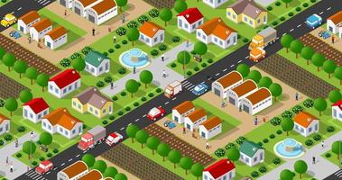 illustration isométrique du district de village de campagne d'une zone rurale avec de nombreux bâtiments et maisons, rues, arbres et véhicules