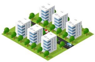 zone urbaine d'illustration 3d isométrique avec beaucoup de maisons et de gratte-ciel, de rues, d'arbres et de véhicules vecteur