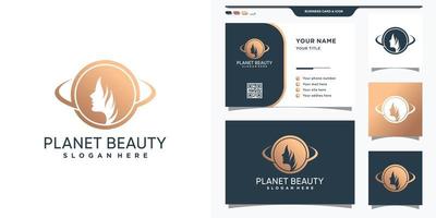 planète beauté logo avec visage de femme et conception de carte de visite vecteur premium