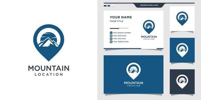 logo de localisation de montagne avec concept de broche. conception de logo et carte de visite. vecteur premium