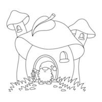 page de livre de coloriage pour les enfants. champignonnière et nain de jardin. personnage de style dessin animé. illustration vectorielle isolée sur fond blanc. vecteur