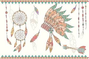 Capteur de rêves amérindien dessiné à la main, perles et plumes vecteur