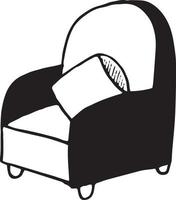 fauteuil avec oreiller dessiné à la main dans un style doodle. élément unique pour l'icône de conception, l'autocollant, l'affiche, la carte. , scandinave, hygge, monochrome. meubles, intérieur maison confortable vecteur