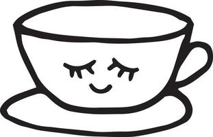 tasse avec yeux et sourire et soucoupe élément dessiné à la main dans un style doodle. scandinave. thé, café, cuisine, confort, café, boisson, icône de menu mignon vecteur