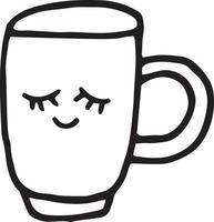 jolie tasse avec des yeux et un sourire dessinés à la main dans un style doodle. hygge scandinave graphique à élément unique. thé, café, maison, café. icône du design, carte, autocollant, affiche vecteur