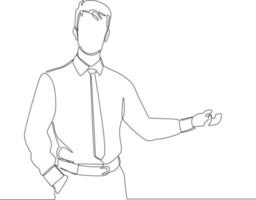 dessin en ligne continu d'un jeune homme d'affaires présentant quelque chose avec une main dans sa poche et sa présentation à la main. illustration vectorielle.