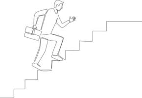 dessin en ligne continu d'un homme d'affaires marchant dans les escaliers jusqu'à la réussite, la réalisation, le leadership. illustration vectorielle. vecteur
