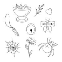 contour dessin noir et blanc ensemble d'éléments magiques. mortier et pilon, coeur, herbe, feuillage, papillon, amulette, toile d'araignée, serrure de porte, fleur épanouie.illustration vectorielle. vecteur