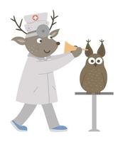 médecin animal vecteur traitant le patient. cerf vérifiant les oreilles de hibou. personnages drôles mignons. photo de médecine pour les enfants. scènes d'hôpital isolées sur fond blanc