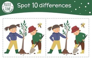 printemps trouver le jeu des différences pour les enfants. activité préscolaire de jardin avec fille et garçon plantant un arbre. puzzle avec des personnages souriants drôles mignons. vecteur