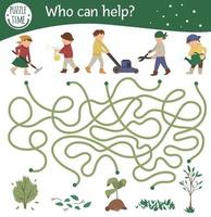 labyrinthe de jardin pour les enfants. activité de printemps préscolaire. jeu amusant avec des enfants mignons faisant des travaux de jardinage. qui peut aider puzzle. vecteur