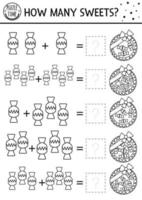 Jeu de correspondance noir et blanc pour la fête des mères avec une boîte à bonbons. activité de ligne mathématique de vacances pour les enfants d'âge préscolaire avec des bonbons. feuille de calcul de comptage éducative imprimable ou page de coloriage pour les enfants vecteur