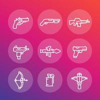 ensemble d'icônes de ligne d'armes, pistolet, mitraillette, fusil d'assaut, revolver, fusil de chasse, grenade, lance-roquettes