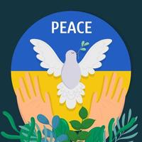 mains et colombe de la paix sur fond bleu et jaune. couleurs du drapeau ukrainien. arrêter le concept de guerre. conflit entre l'ukraine et la russie. vecteur