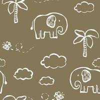 doodle mignon éléphants mignons, palmiers, nuages, ligne de papillons blanc, motif vert sans couture pour les enfants. vecteur