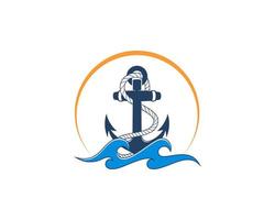 ancre sur le logo d'illustration de vague de mer vecteur