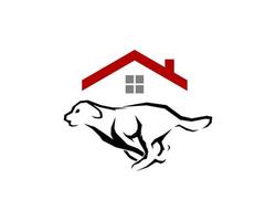 chien qui court avec le logo du toit de la maison rouge vecteur