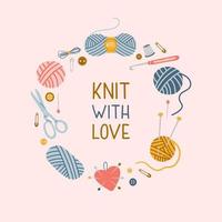 tricoter avec du texte d'amour dans un cadre rond avec des outils dessinés à la main couture isolé sur fond rose. illustration vectorielle à la mode