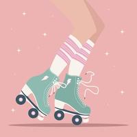 Jambes féminines dessinées à la main, chaussettes tube et patins à roulettes rétro vecteur