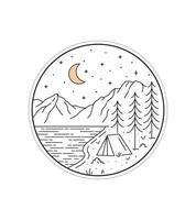 camp dans le parc national de grand teton la nuit en dessin au trait mono, illustration vectorielle de badge, art de t-shirt, image vectorielle de conception vecteur