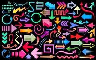 grand ensemble d'icônes de flèche, collection d'icônes de flèche colorées abstraites. flèches droites, courbes, isométriques, zigzag, rendu 3d, symboles en spirale isolés sur fond noir. flèches vectorielles colorées. vecteur