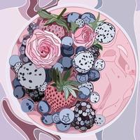 bol de smoothie à plat, bol d'açai avec myrtilles, mûres, fraises, fruits du dragon et roses roses. petit-déjeuner sain. idéal pour les arrière-plans de printemps ou d'été, carte, bannière. vecteur