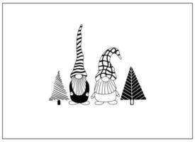 carte de voeux avec de jolis gnomes dessinés à la main et des arbres de noël. vecteur
