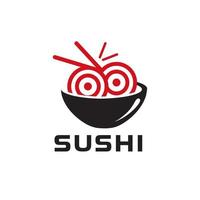 logo de sushi dans un bol baguettes swoosh bol cuisine japonaise orientale, inspiration de conception de logo de fruits de mer de sushi japonais