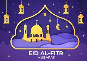 joyeux eid ul-fitr mubarak illustration de fond avec des images de mosquées, de lune, d'antennes et d'autres adaptées aux affiches vecteur