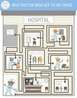 jeu de labyrinthe d'aventure médicale pour les enfants avec des personnages mignons. labyrinthe de la médecine éducative. passer par l'activité hospitalière. aidez le médecin à se rendre à son bureau dans une clinique. vecteur