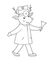 médecin des animaux de contour vectoriel. personnage de cerf drôle mignon. page de coloriage médicale pour les enfants. illustration de l'hôpital isolé sur fond blanc. vecteur