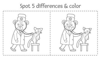 jeu de différences de recherche médicale et page de coloriage pour les enfants. activité préscolaire de médecine avec un médecin examinant les poumons des patients. puzzle avec des personnages souriants drôles mignons. vecteur