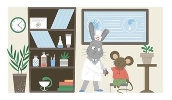 salle d'hôpital de vecteur. docteur animal drôle faisant un bandage dans le bureau de la clinique. illustration plate intérieure médicale pour les enfants. notion de soins de santé vecteur