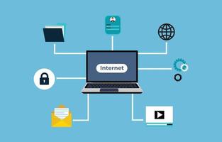 service internet et vecteur de concept de connexion réseau. partage de fichiers en ligne, envoi de courrier, communication et visionnage de vidéos avec Internet. services en ligne via internet sur un vecteur informatique.