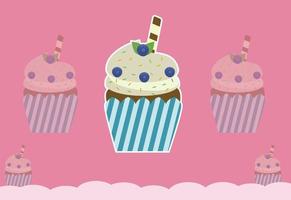 bleuets et gaufrettes délicieux cupcakes avec illustration vectorielle fond rose vecteur