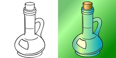 un ensemble d'illustrations, une image couleur et monochrome d'une bouteille en verre de dessin animé avec un bouchon et une poignée pour l'huile vecteur