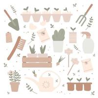 illustration vectorielle d'éléments de jardinage bêche, fourche, plantes, arrosoir, herbe, fleurs, gants de jardin et zéro déchet. temps de printemps vecteur