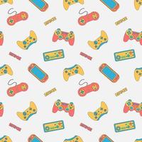 joli motif abstrait harmonieux dans le style de jeu de pixels. modèle de joueur coloré avec manettes de jeu, slogans de jeu et esthétique de joueur. vecteur