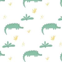 motif enfantin avec un joli crocodile et des plantes. motif dessiné avec crocodile. motif alligator. illustration vectorielle. convient aux tissus, papiers d'emballage, papiers peints. vecteur