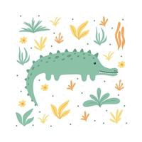 adorable crocodile vert avec des plantes. affiche pour enfants avec un crocodile. carte postale avec alligator. illustration de style.vector dessiné à la main. vecteur