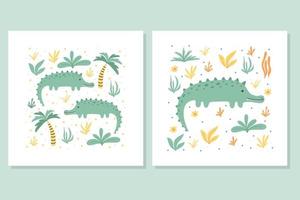 deux crocodiles mignons. affiche pour enfants avec crocodiles et palmiers. carte postale avec aligatori. crocodile vert style.cute dessiné à la main avec des plantes. affiche pour enfants avec un crocodile. vecteur