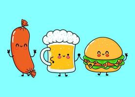 verre heureux mignon et drôle de bière, saucisse et hamburger. personnages de kawaii de dessin animé dessinés à la main de vecteur, icône d'illustration. verre de dessin animé drôle de concept d'amis mascotte bière, saucisse et hamburger vecteur