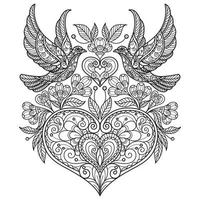 colombe et coeur dessinés à la main pour livre de coloriage adulte vecteur