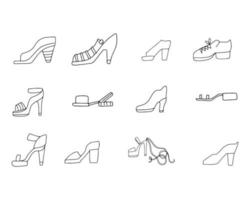 un ensemble de chaussures pour femmes est dessiné avec un contour noir. chaussures, les icônes sont dessinées à la main vecteur