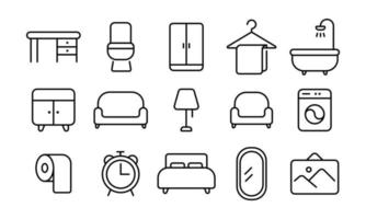 la ligne de trait modifiable de l'ensemble de pictogrammes lié aux meubles de maison. la collection d'icônes intérieures pour l'interface Web et d'autres conceptions dans un contour simple. vecteur