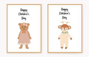 ensemble de cartes d'invitation pour les enfants avec un ours mignon et un cerf, bonne journée des enfants. félicitation. illustration vectorielle. vecteur